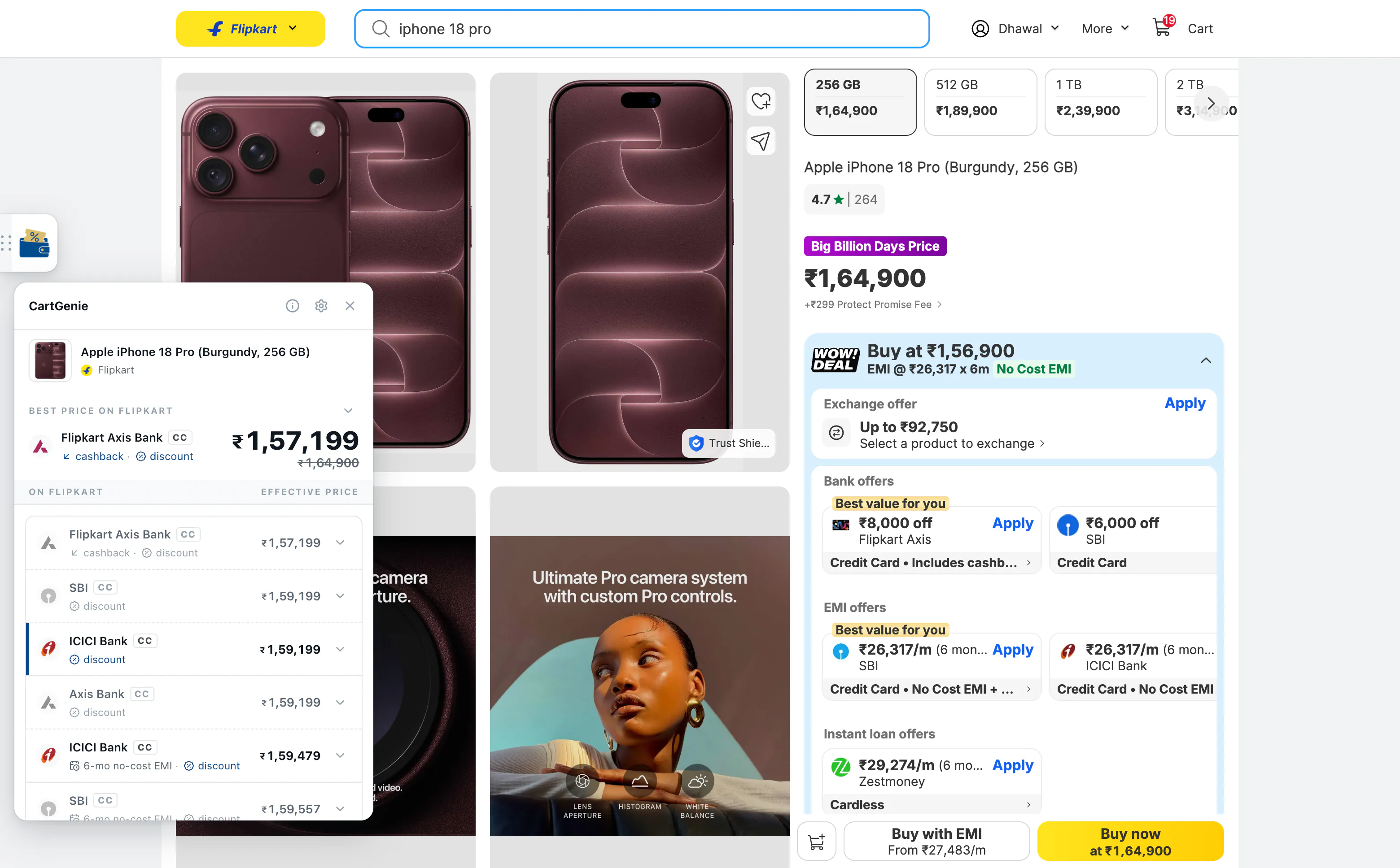 CartGenie open on a Flipkart product page for an Apple iPhone 18 Pro, showing the effective price with a Flipkart Axis Bank card beside Flipkart's own offers